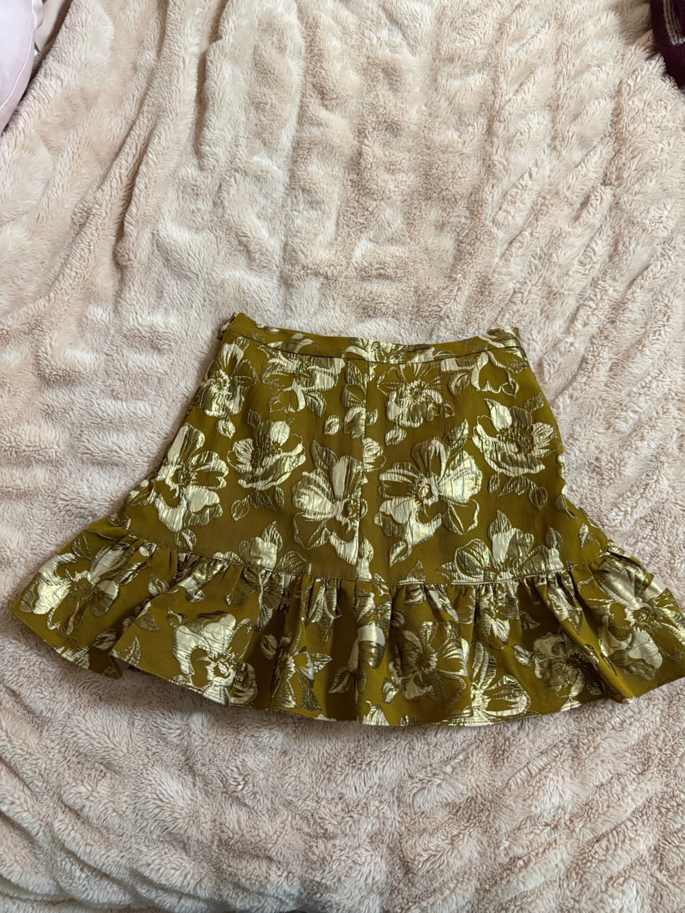 LoveShackFancy Metallic Floral Ruffle Mini Skirt in Olive Gold